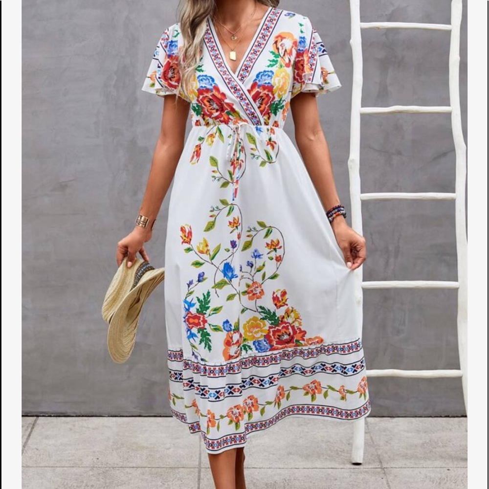 Boho Floral Paisley Print Butterfly Sleeve Dress - Picture 6 of 7